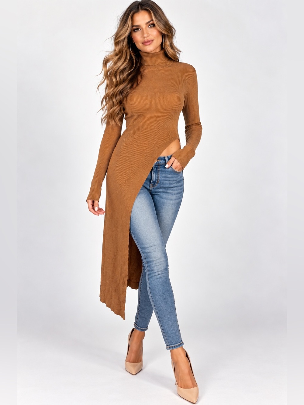 ASTR The Label Brown Ribbed Turtleneck Asymmetrical Midi Dress S